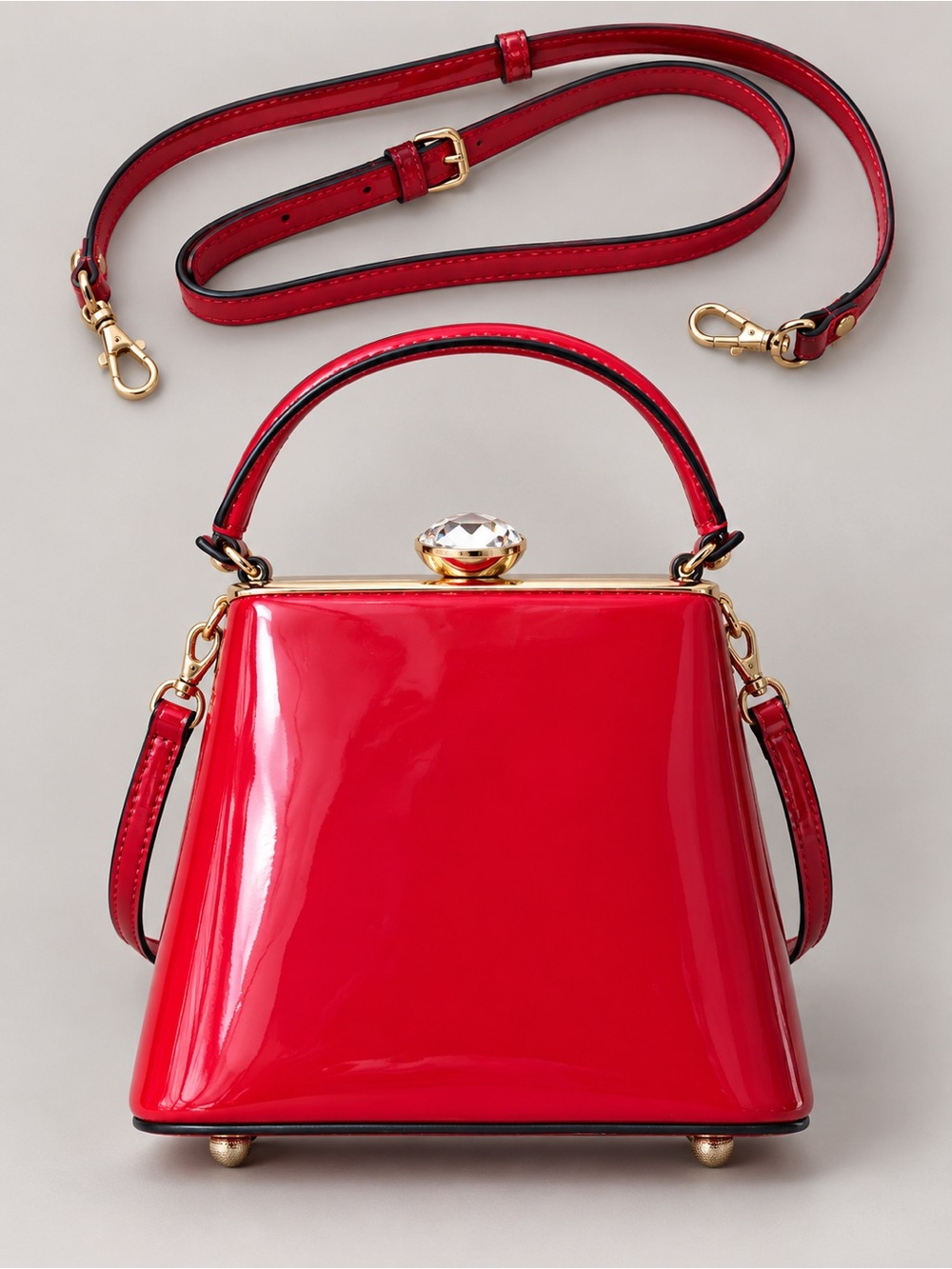 Red Glossy Mini Top Handle Box Bag Jeweled Clasp Shoulder Strap NWOT